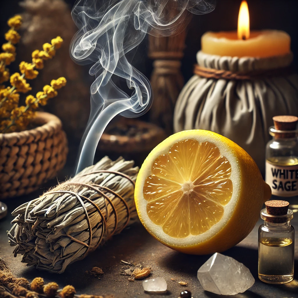 A high-resolution, close-up mystical image focusing on a fresh lemon placed beside smoldering white sage, with gentle smoke trails rising from the sage. The lemon is emphasized with a soft, radiant glow, symbolizing its purifying energy. Nearby, crystals and small glass bottles of essential oils enhance the magical atmosphere. The scene is set in a Bohemian-style witch’s room, with warm, earthy tones and a dark, moody background that brings attention to the lemon and its mystical significance. Subtle Bohemian accents, like woven textures and natural elements, add depth to the enchanting ambiance.