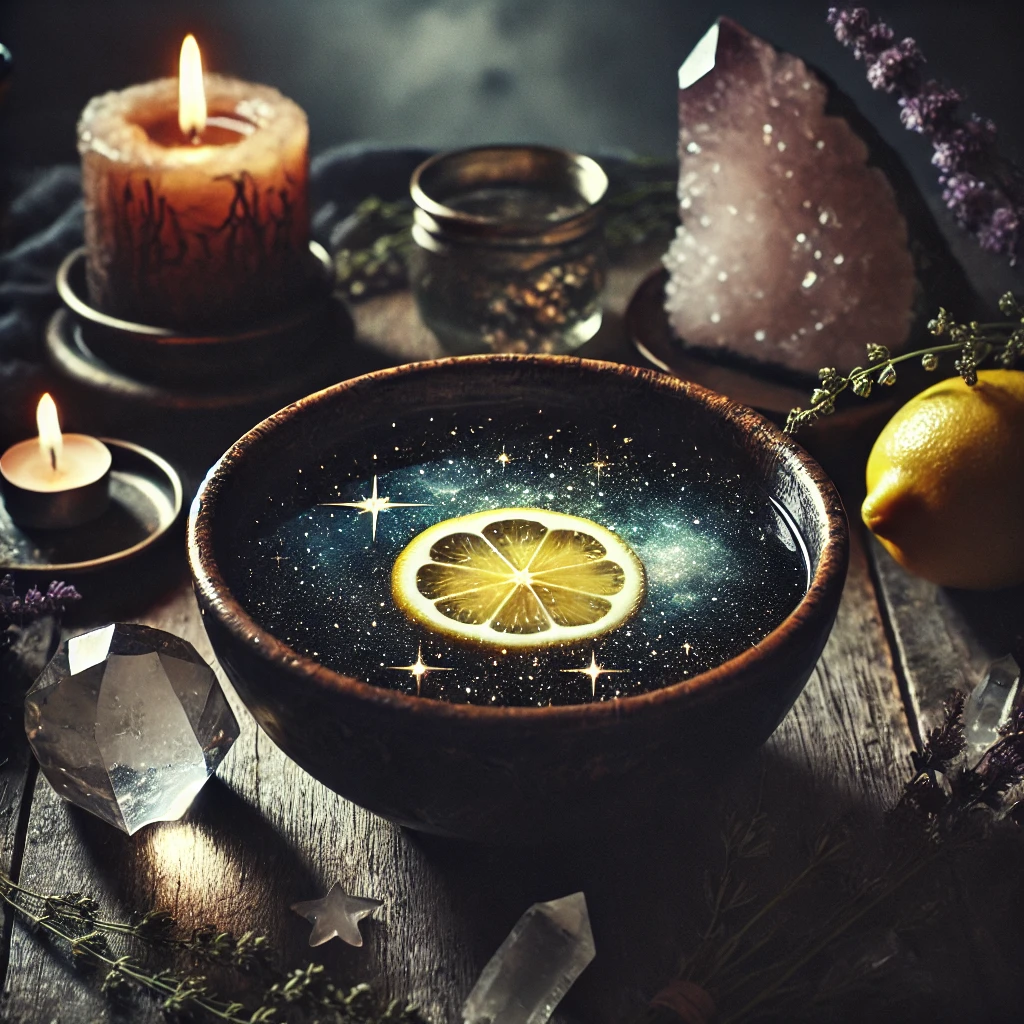 A high-resolution, mystical image of a divination setup for lemon water scrying. In the center, a dark, deep bowl filled with lemon water sits on a rustic table, emitting a gentle, ethereal glow. Surrounding the bowl are crystals, including a large clear quartz crystal positioned near the bowl, symbolizing clarity and guidance. The lemon water reflects faint stars or cosmic patterns, adding to the magical atmosphere. Dim candlelight illuminates the scene, casting warm, soft shadows, and delicate herbs are scattered around the setup, enhancing the sense of mystery. The background is dark and minimal, allowing the bowl of lemon water and crystals to be the focal point, creating a serene and introspective ambiance perfect for seeking insights about health and longevity.