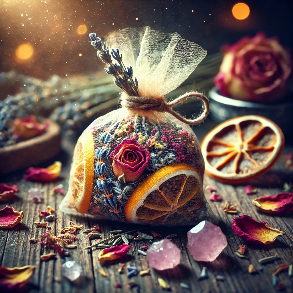 A high-resolution, mystical illustration of a small witch's sachet filled with dried lemon peel, rose petals, and lavender buds. The sachet is a delicate, translucent pouch tied with a simple string, allowing the vibrant colors of the dried herbs and flowers to show through. Surrounding the sachet are additional herbs and small crystals on a rustic table, with a few scattered rose petals for added charm. Soft, warm light illuminates the scene, casting a gentle glow and creating an inviting, magical atmosphere. The background is dark and blurred, bringing focus to the sachet and enhancing the sense of attraction and enchantment, perfect for drawing in potential lovers and friends.