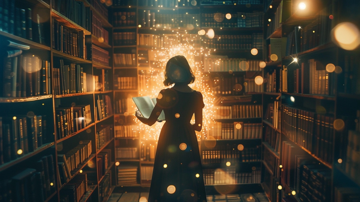 図書館で魔法の本を開く女性と光の粒、幻想的な雰囲気の魔法世界を描いたイラスト