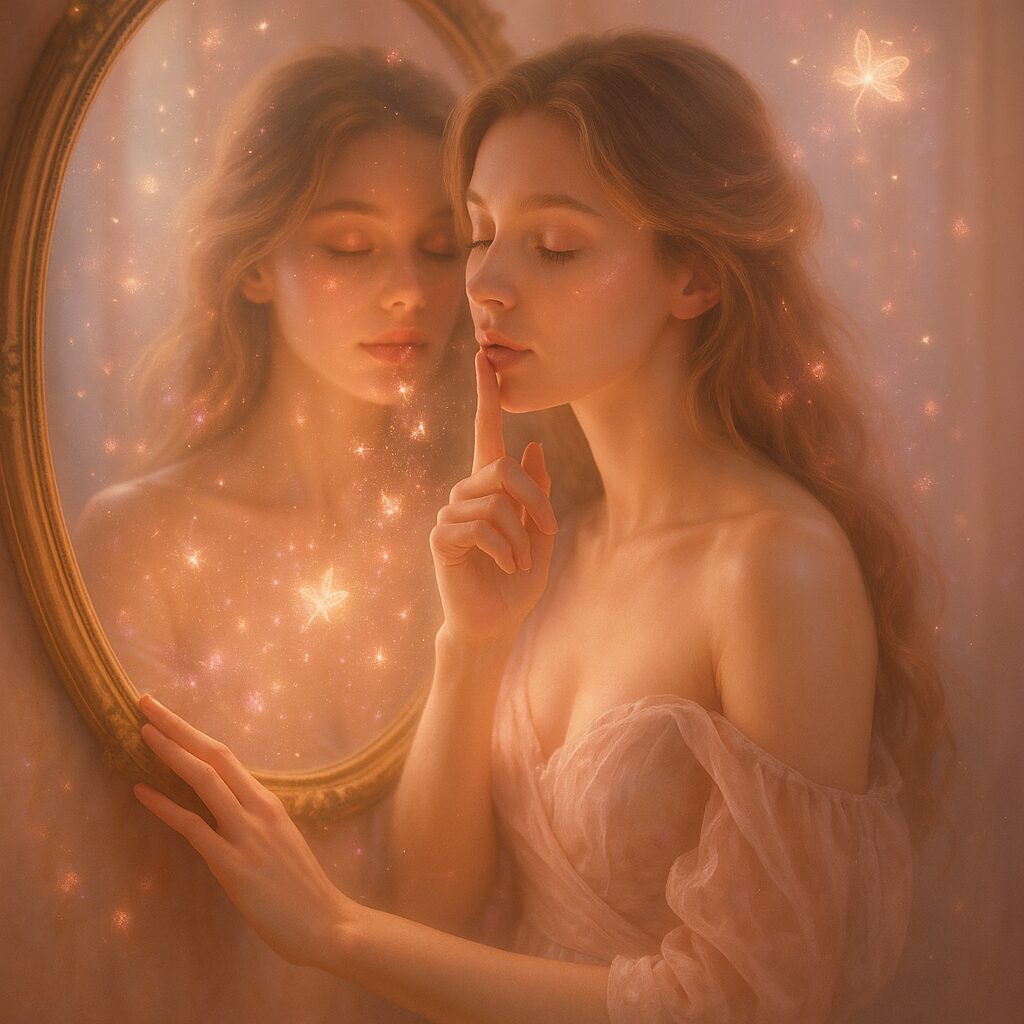 鏡に向かって呪文を唱える女性と、花のように輝く光が広がる幻想的なシーン
