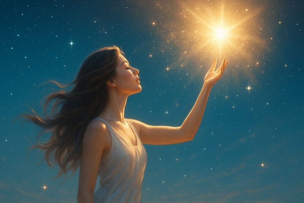 ゴールドの光へ手を伸ばす女性、才能の目覚めと夢の実現を象徴する幻想的なイメージ