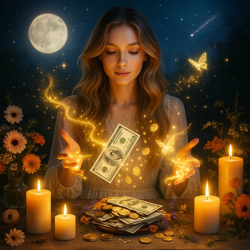 お金と豊かさを引き寄せる金運アップの魔法。満月の夜、光に包まれて紙幣とコインが浮かぶスピリチュアルな女性の呪文シーン